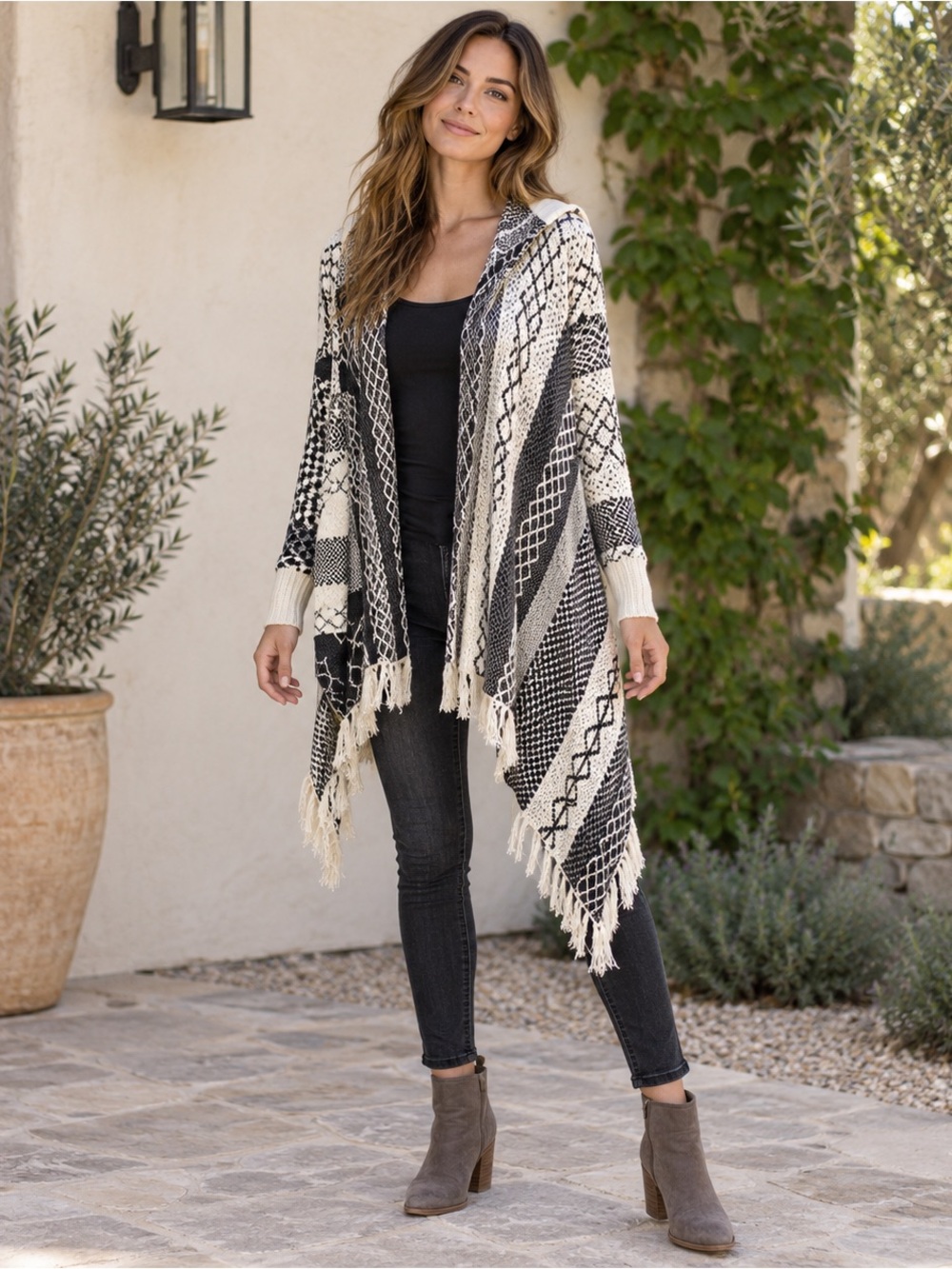 Mia Maddison Black White Geometric Fringe Hooded Cardigan Small